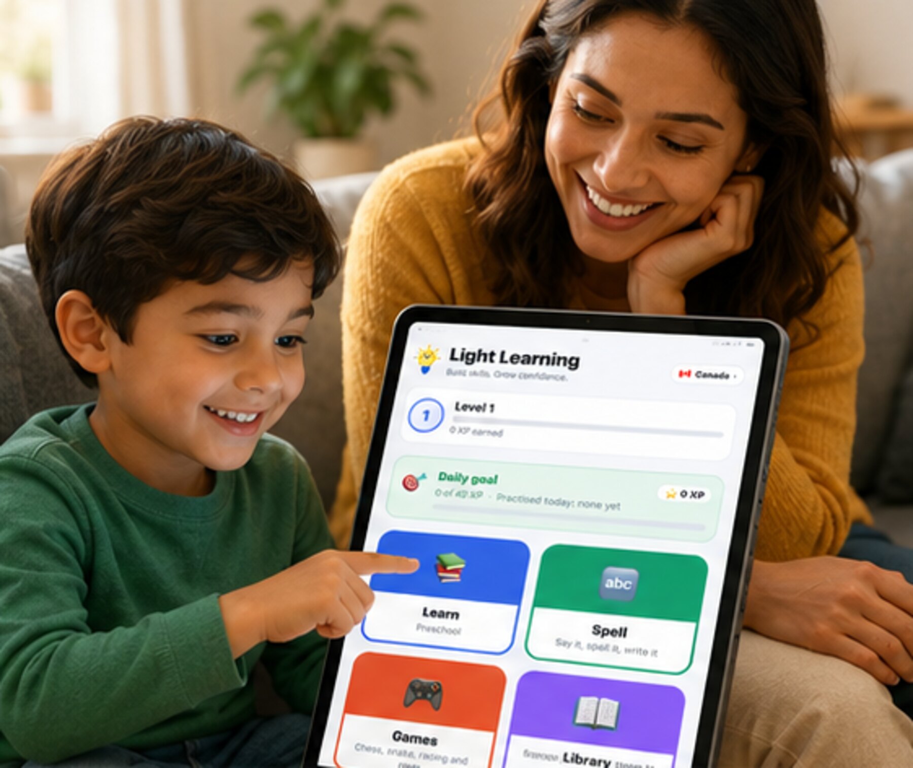 A parent and child using the app together.