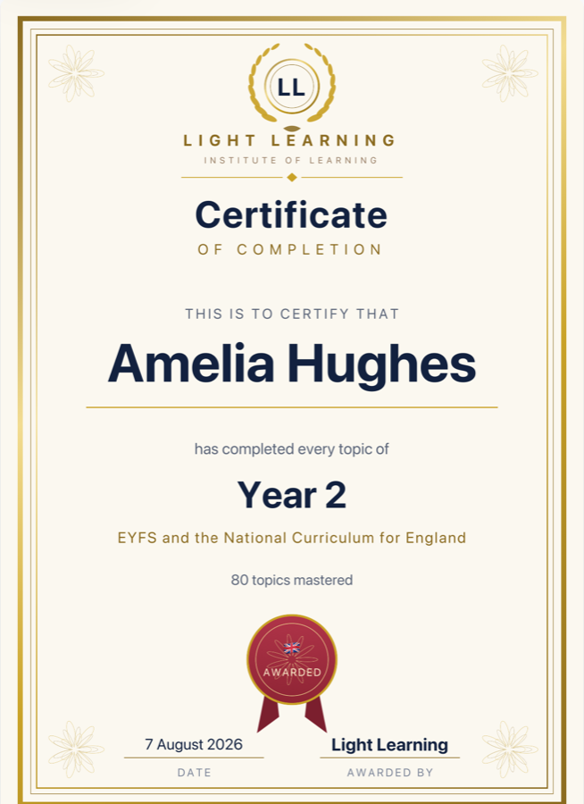 A Light Learning certificate for Year 2, England, national curriculum.