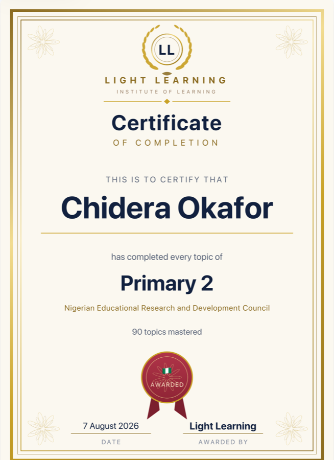 A Light Learning certificate for Primary 2, Nigerian Educational Research and Development Council.