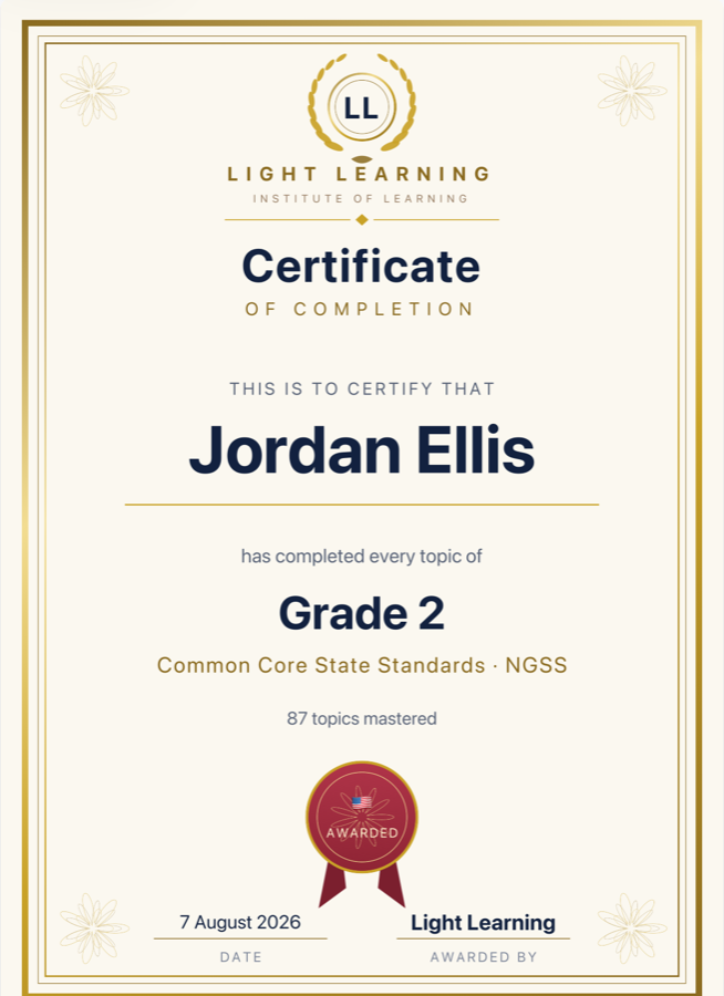 A Light Learning certificate for Grade 2, United States, Common Core State Standards.