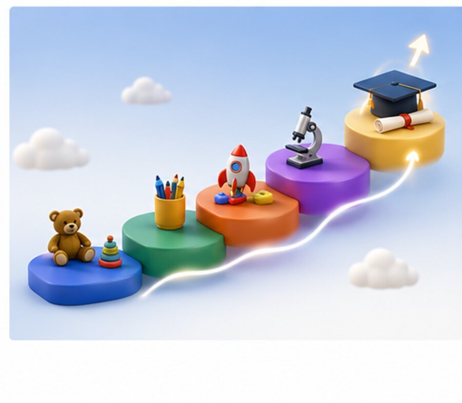 Steps rising from toys to a graduation cap.