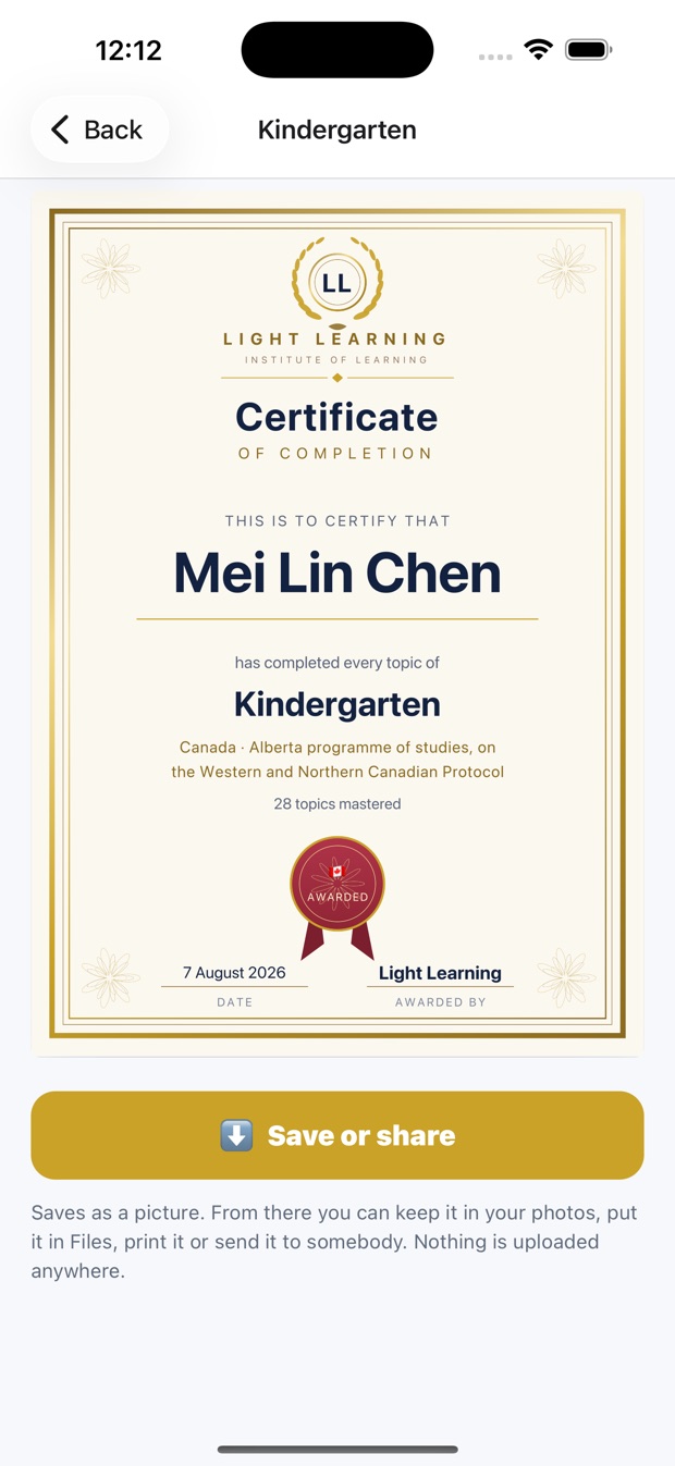 An awarded Light Learning certificate on a phone, in a child’s name for Kindergarten, naming the Alberta programme of studies and 28 topics mastered.