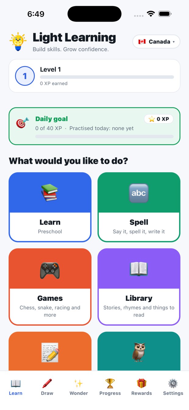 The Light Learning home screen, with large coloured buttons for Learn, Spell, Games and Library.