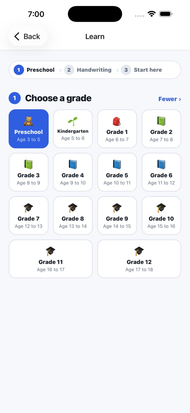 Choosing a grade, from Preschool to Grade 12, each showing its typical ages.