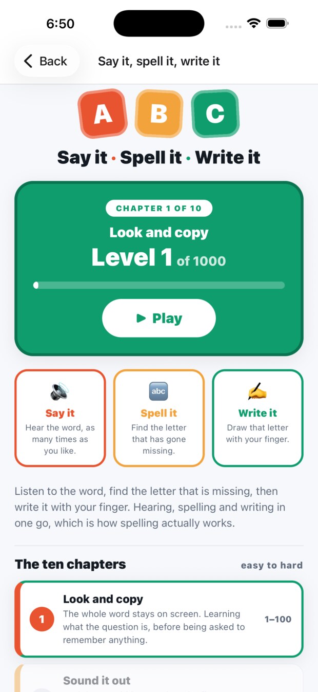 Say It, Spell It, Write It, showing chapter one of ten and a Play button.